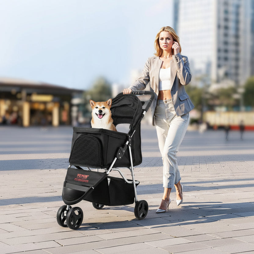 Foldable 3 Wheel Pet Stroller with Brake for Travel – Pawkly